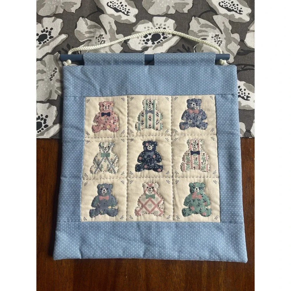 Vintage Quilt Hanging With Embroidery, Teddy Bears, Wall Hanging, Hand Made